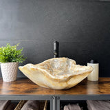 Beige Onyx Sink, Handmade Natural Stone Vessel Sink, Modern Bathroom Vanity Basin, Sculptural Sink, Luxury Translucent Live Wavy Edge Sink