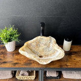 Beige Onyx Sink, Handmade Natural Stone Vessel Sink, Modern Bathroom Vanity Basin, Sculptural Sink, Luxury Translucent Live Wavy Edge Sink