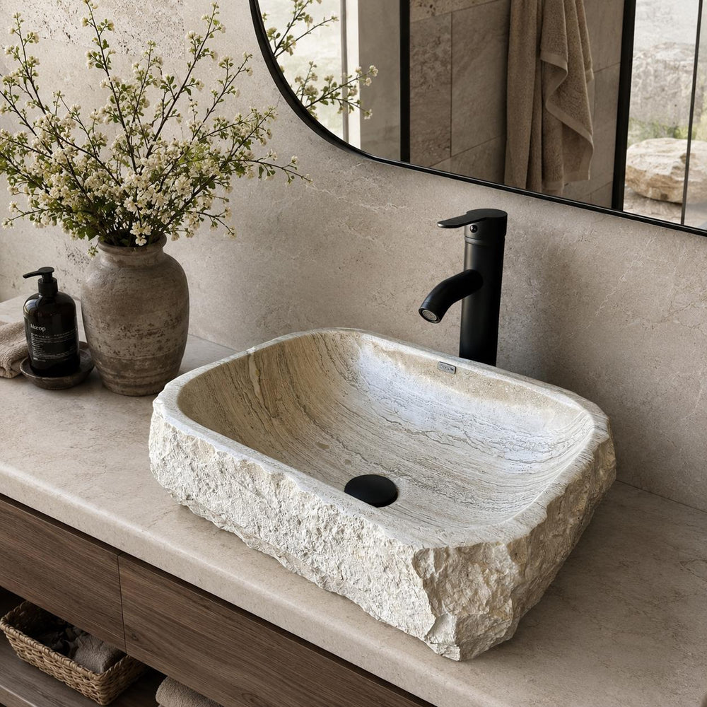 Rustic Travertine Stone Vessel Sink | Natural Rock Bathroom Sink | Handmade Modern Vanity Basin | One of a Kind Stone Sink | Wabi Sabi