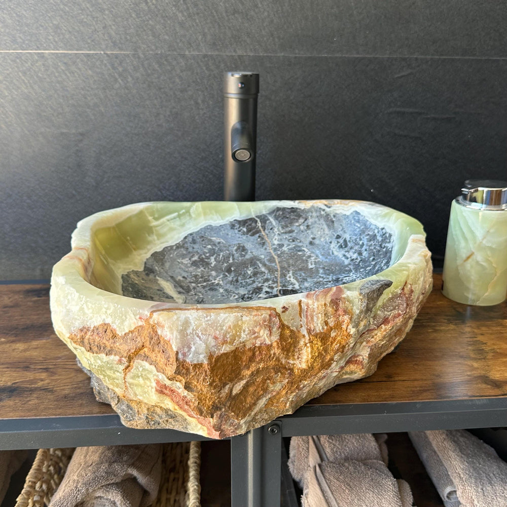 Rustic Green Onyx Bathroom Vessel Sink | Luxury Sink | Unique Hand Carved Onyx Vanity Sink – Natural Stone Bathroom Sink