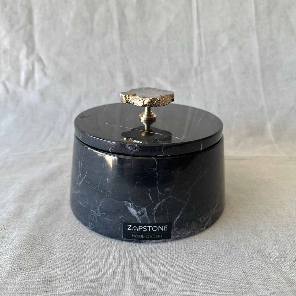 Marble & Travertine Storage Jar with Lid, Luxury Vanity Container, Knob Jewelry Box, Elegant Bathroom Decor, Coffee Table Accent