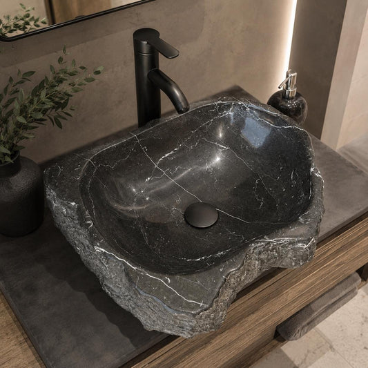 Rustic Marble Bathroom Sink | Luxury Vessel Sink | Unique Hand Carved Black Marble Basin – Natural Stone