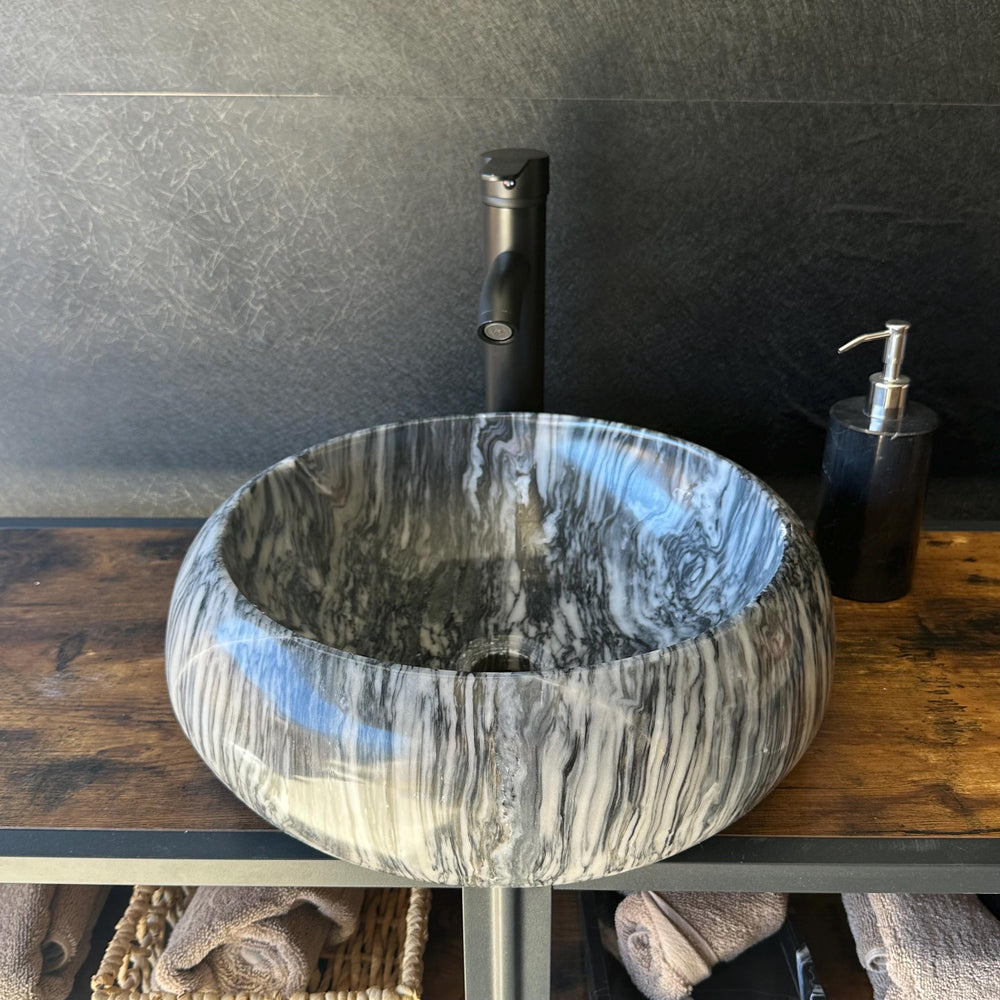 Round Marble Vessel Sink – Gray Natural Stone Bathroom Sink, Modern Handcrafted Marble Basin