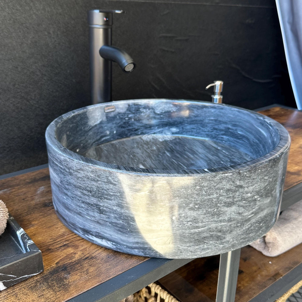 Natural Marble Vessel Sink – Round Stone Bathroom Sink, Handmade Modern Natural Marble Basin | Luxury Statement Piece for Powder Room
