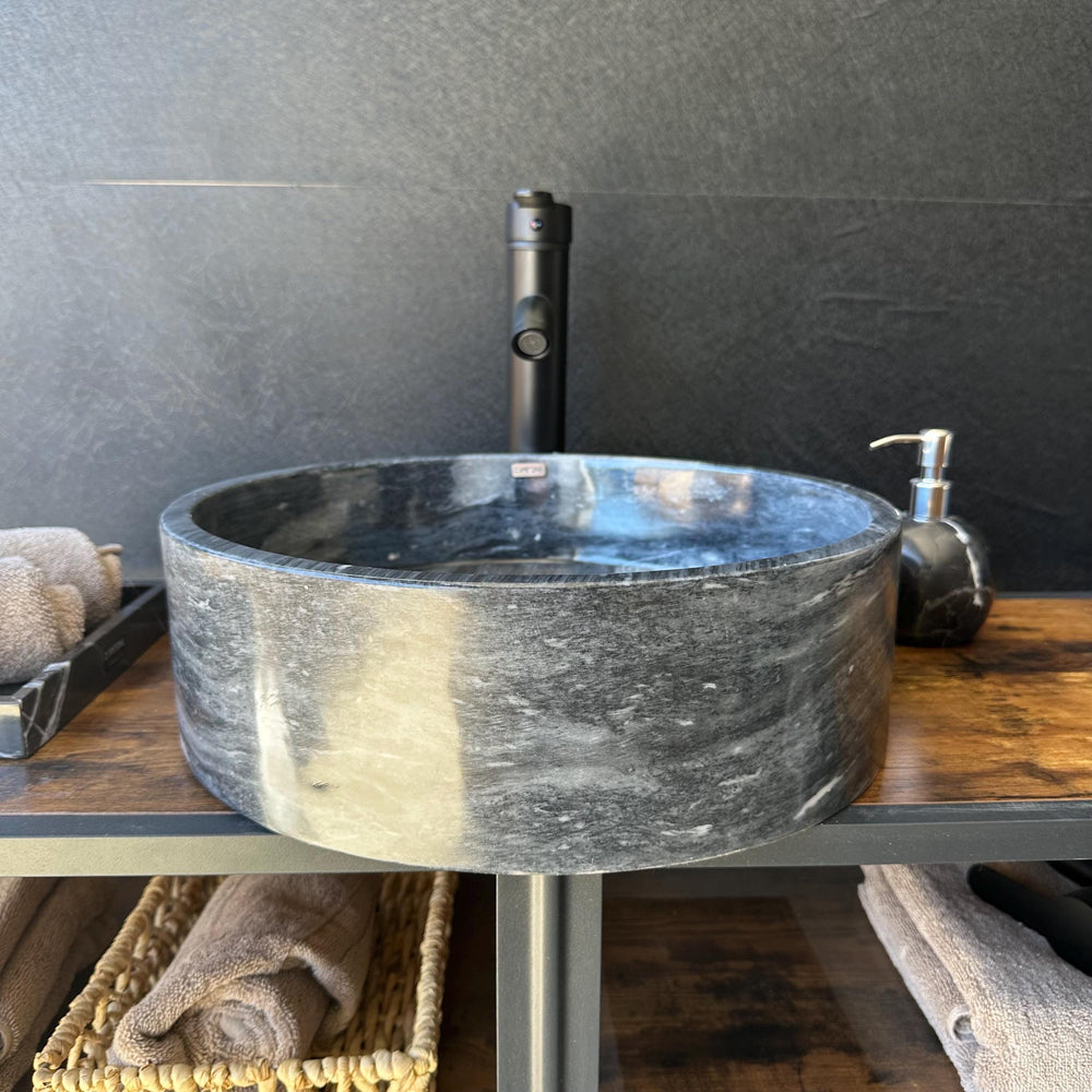 Natural Marble Vessel Sink – Round Stone Bathroom Sink, Handmade Modern Natural Marble Basin | Luxury Statement Piece for Powder Room