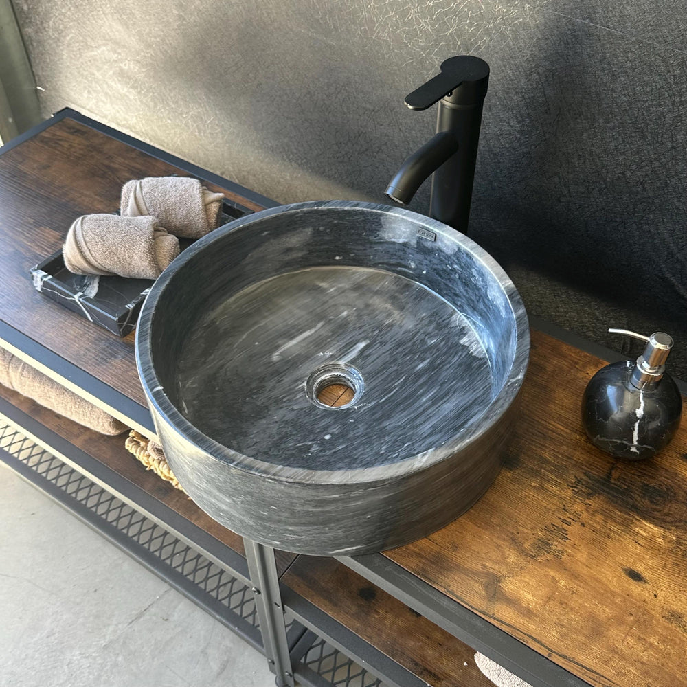 Natural Marble Vessel Sink – Round Stone Bathroom Sink, Handmade Modern Natural Marble Basin | Luxury Statement Piece for Powder Room