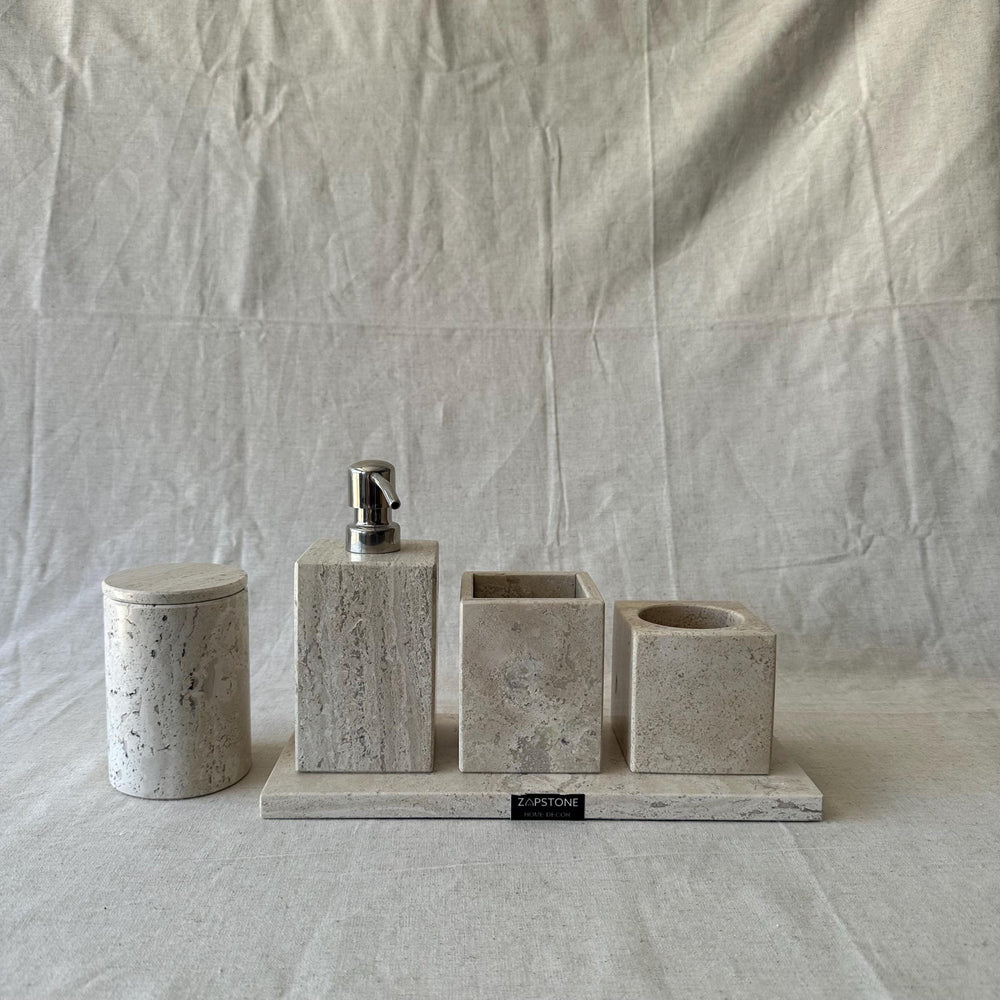 Travertine Bathroom Set-5 Piece Handmade Luxury Bath Accessories, Soap Dispenser, Tray, Toothbrush Holder, Cotton Swab Holder, Cotton Round