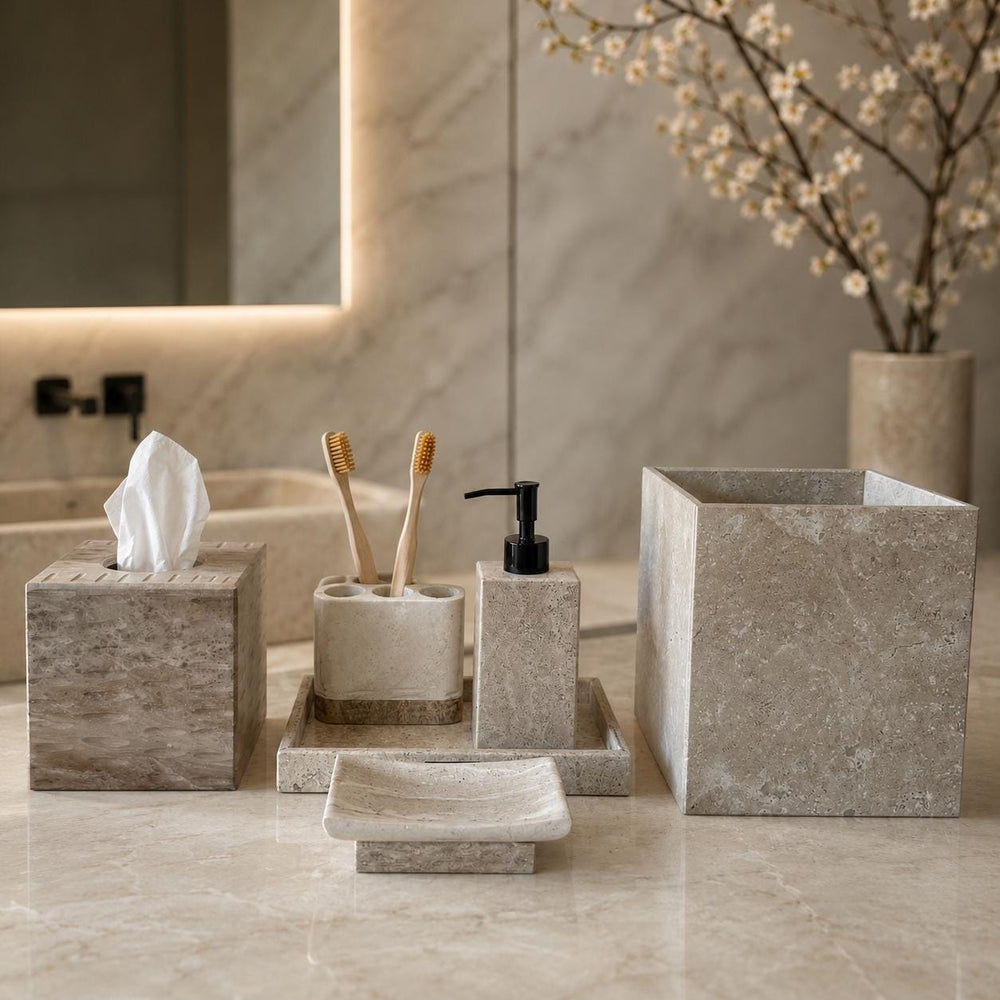 Beige Travertine Bathroom Set – 6 Piece Handmade Luxury Bath Accessories, Soap Dispenser, Tray, Toothbrush Holder, Tissue Box, Garbage Can