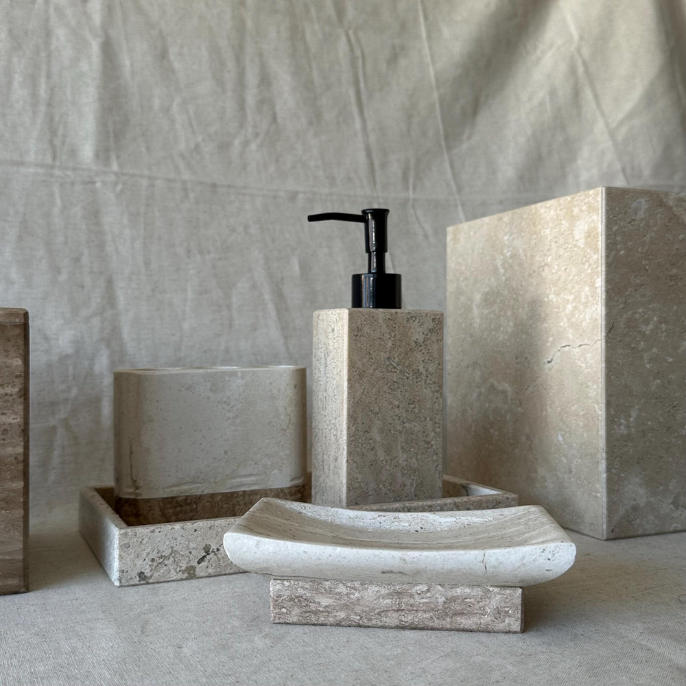 Beige Travertine Bathroom Set – 6 Piece Handmade Luxury Bath Accessories, Soap Dispenser, Tray, Toothbrush Holder, Tissue Box, Garbage Can