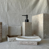 Beige Travertine Bathroom Set – 6 Piece Handmade Luxury Bath Accessories, Soap Dispenser, Tray, Toothbrush Holder, Tissue Box, Garbage Can