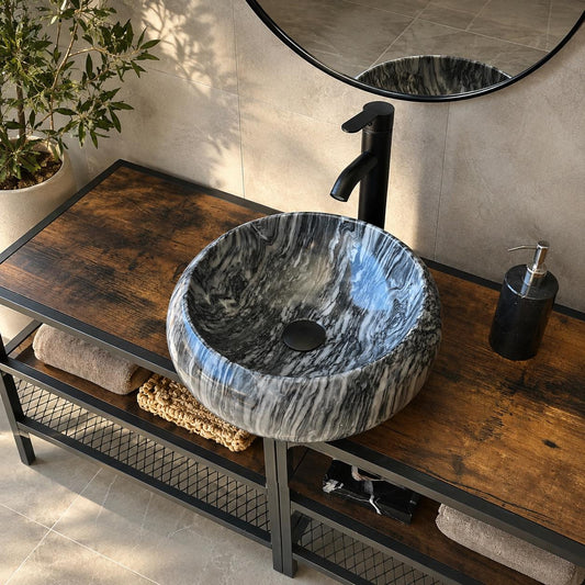 Round Marble Vessel Sink – Gray Natural Stone Bathroom Sink, Modern Handcrafted Marble Basin