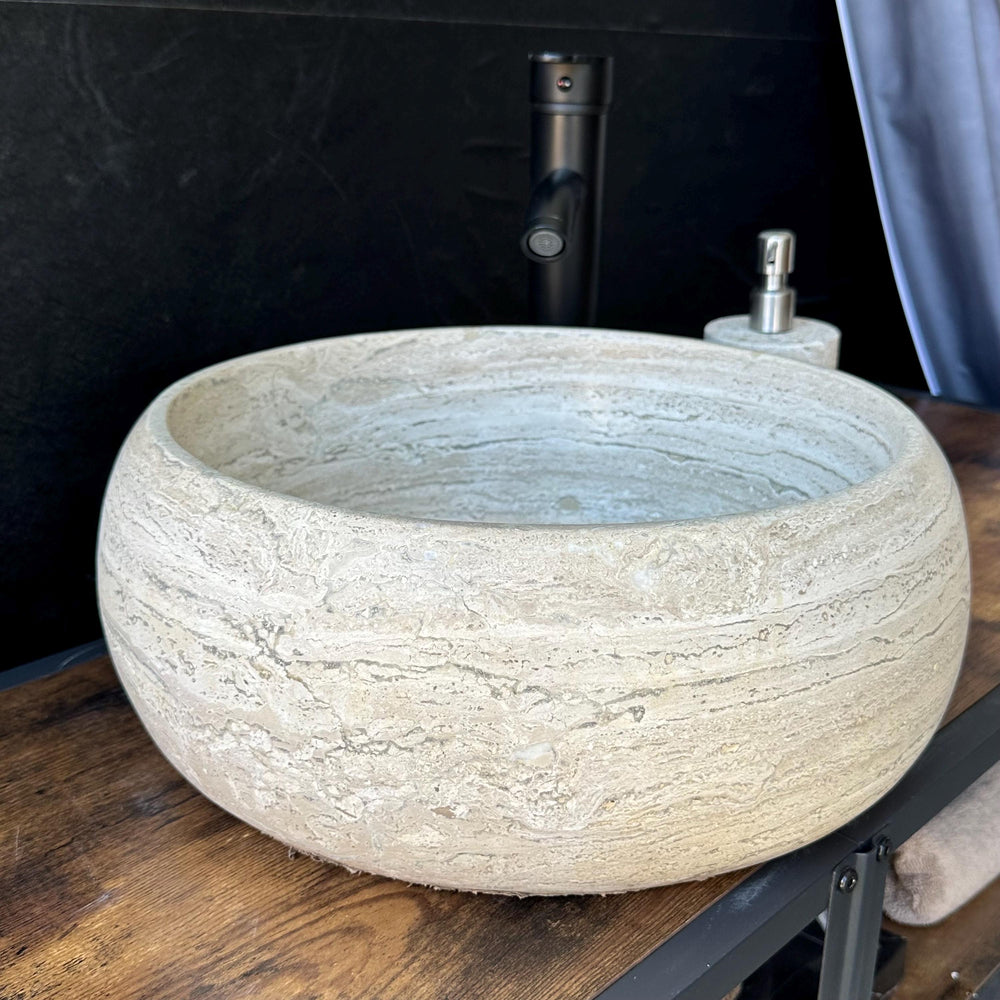 Travertine Round Vessel Sink, Natural Handcrafted Stone Bathroom Basin, Luxury Modern Vanity Sink, One-of-a-Kind Artisan Sink