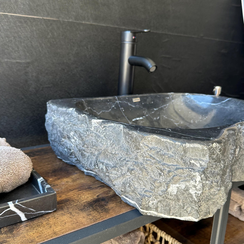 Rustic Marble Bathroom Sink | Luxury Vessel Sink | Unique Hand Carved Black Marble Basin – Natural Stone
