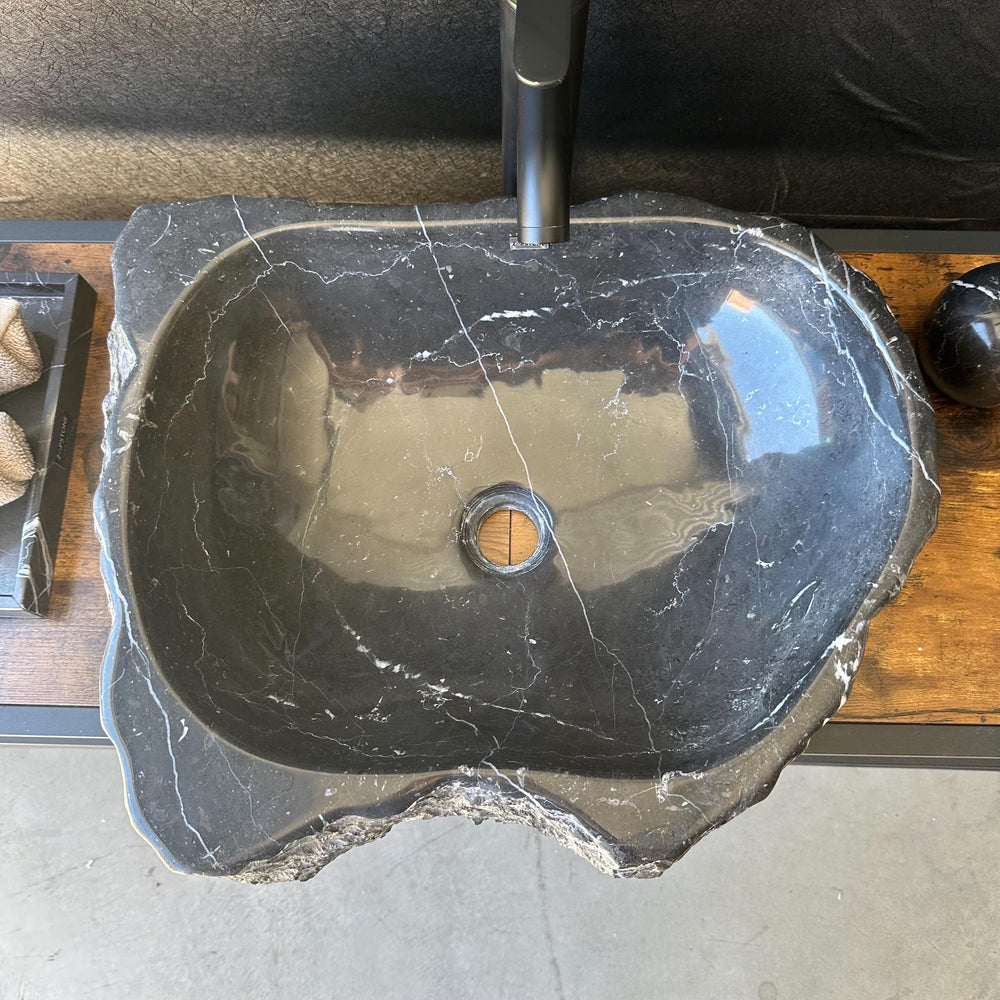 Rustic Marble Bathroom Sink | Luxury Vessel Sink | Unique Hand Carved Black Marble Basin – Natural Stone