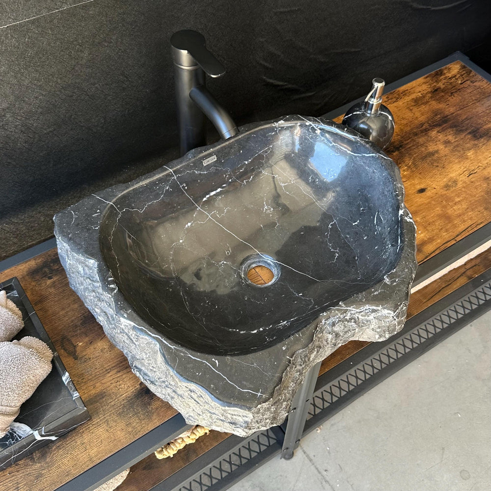 Rustic Marble Bathroom Sink | Luxury Vessel Sink | Unique Hand Carved Black Marble Basin – Natural Stone