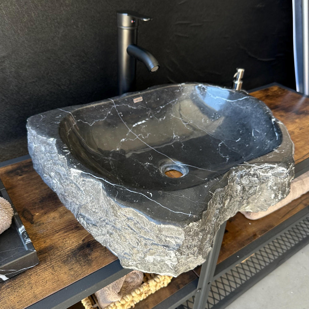 Rustic Marble Bathroom Sink | Luxury Vessel Sink | Unique Hand Carved Black Marble Basin – Natural Stone
