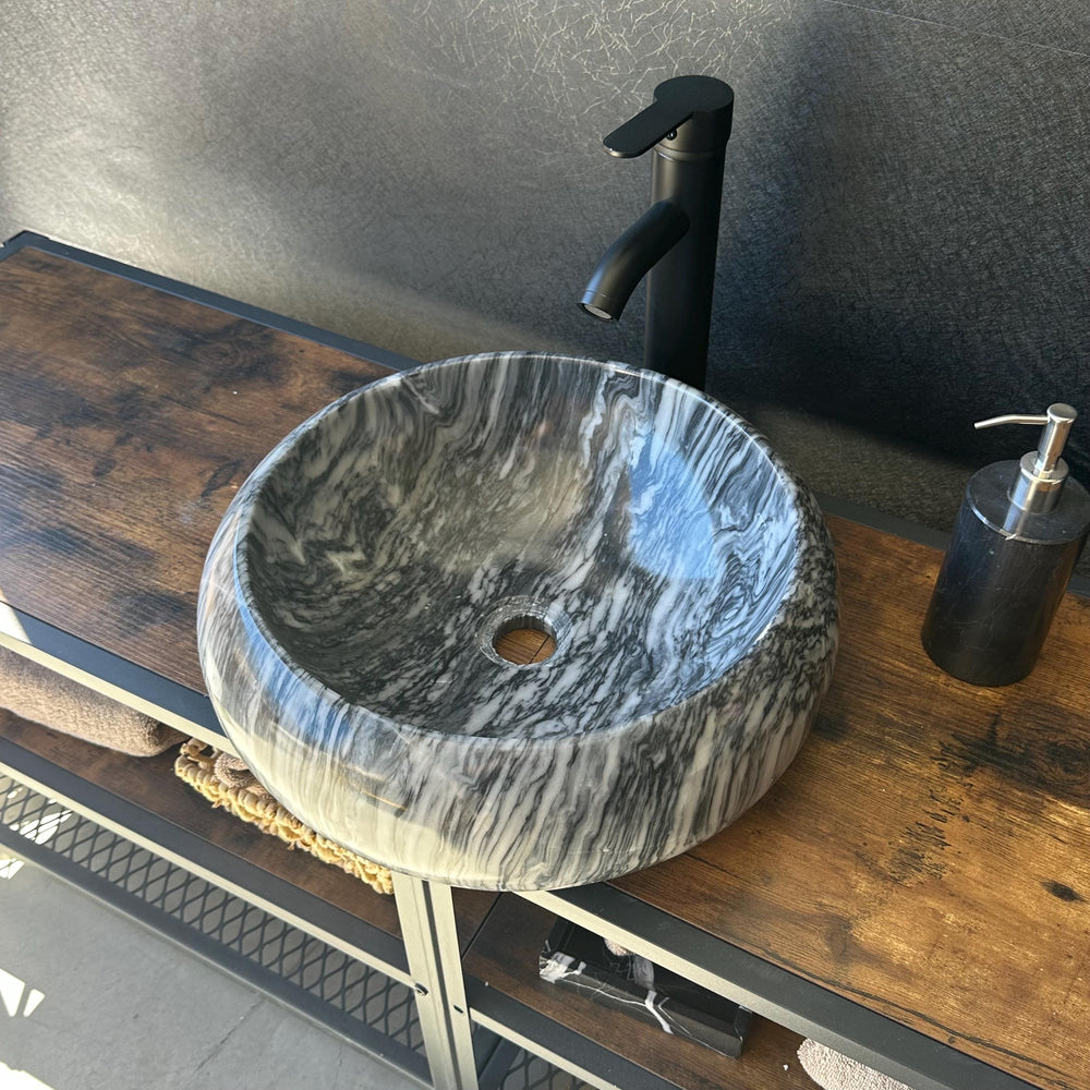 Round Marble Vessel Sink – Gray Natural Stone Bathroom Sink, Modern Handcrafted Marble Basin