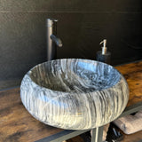 Round Marble Vessel Sink – Gray Natural Stone Bathroom Sink, Modern Handcrafted Marble Basin