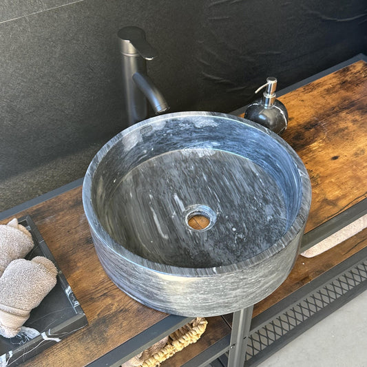 Natural Marble Vessel Sink – Round Stone Bathroom Sink, Handmade Modern Natural Marble Basin | Luxury Statement Piece for Powder Room
