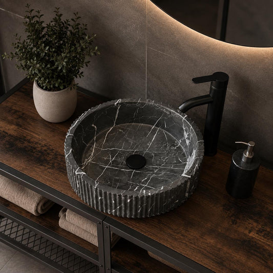 Black Marble Vessel Sink, Master Bath Natural Stone Bathroom Sink, Round Luxury Vanity Basin, Handcrafted Wash Basin for Powder Room