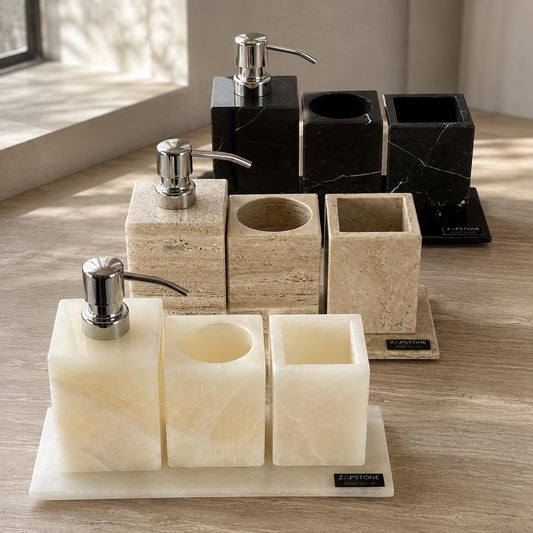 Natural Stone Bathroom Set of 4 | Handmade Luxury Bath Accessories, Soap Dispenser, Tray, Toothbrush Holder, Cotton Swab Holder