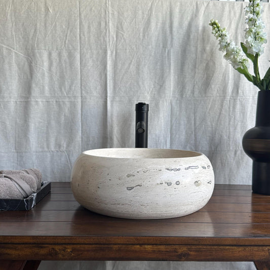 Travertine Round Vessel Sink, Natural Handcrafted Stone Bathroom Basin, Luxury Modern Vanity Sink