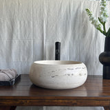 Travertine Round Vessel Sink, Natural Handcrafted Stone Bathroom Basin, Luxury Modern Vanity Sink