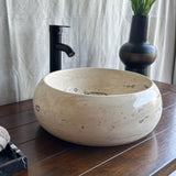 Travertine Round Vessel Sink, Natural Handcrafted Stone Bathroom Basin, Luxury Modern Vanity Sink