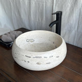 Travertine Round Vessel Sink, Natural Handcrafted Stone Bathroom Basin, Luxury Modern Vanity Sink