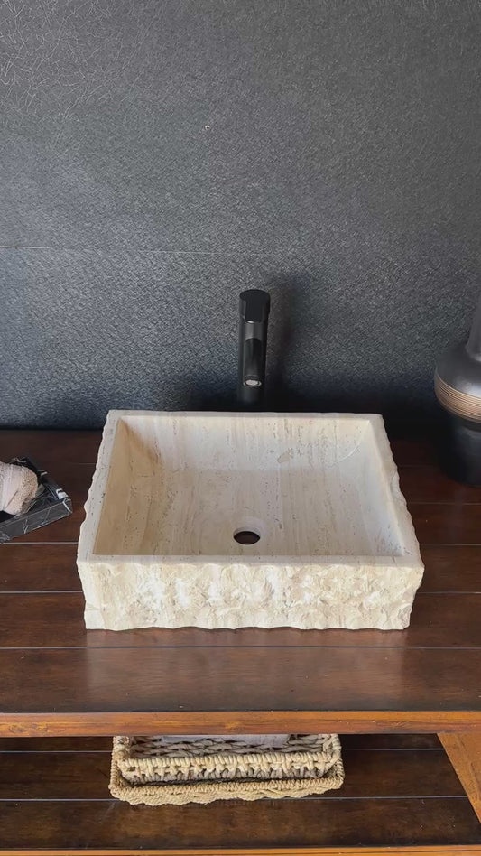 Lavabo Rectangular de Travertino Rústico | Wabi Sabi | Hecho a Mano